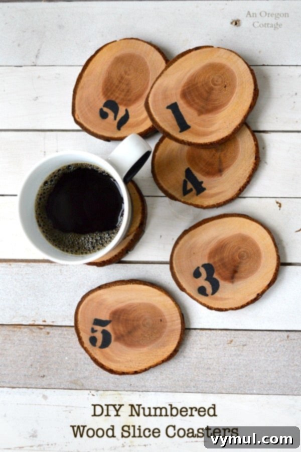 Numbered Tree Slice Coasters Made Easy 2 DIY Numbered Wood Slice Coasters are easily made from a tree branch, stencil, and a Sharpie!