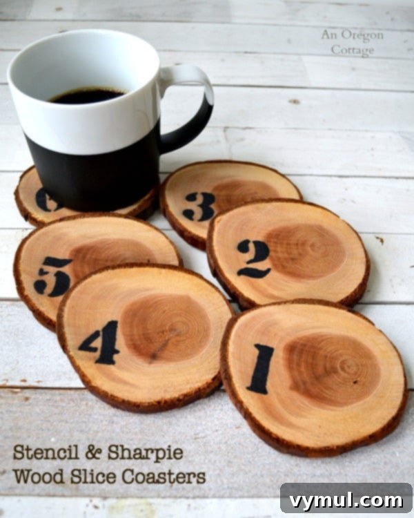 Numbered Tree Slice Coasters Made Easy 6 Number Stencil & Sharpie Wood Slice Coasters - easy & inexpensive decor or gift
