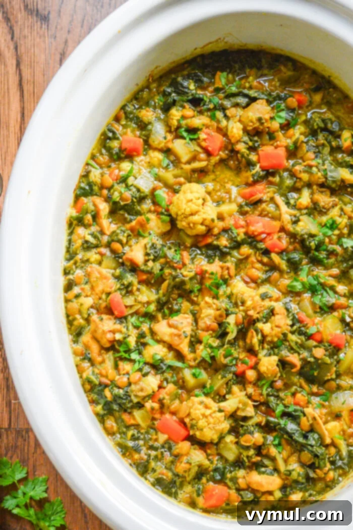 chicken lentil curry in white crock pot above