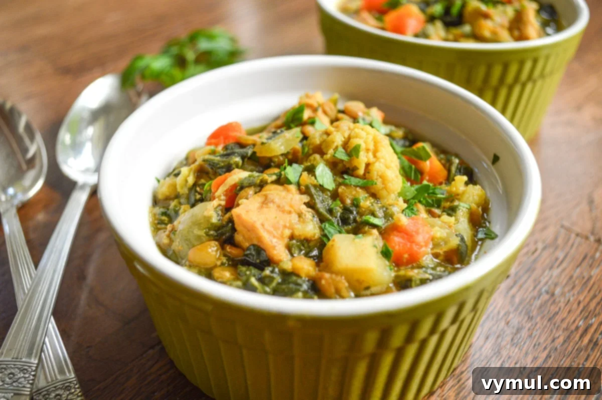 chicken lentil vegetable curry in small bowl up close