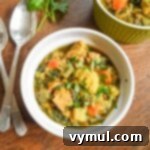 chicken and vegetable lentil curry served in a ramekin