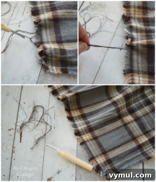 Easy Low Sew DIY Flannel Scarf for Men 4 Pulling Threads for DIY Men's Flannel Scarf