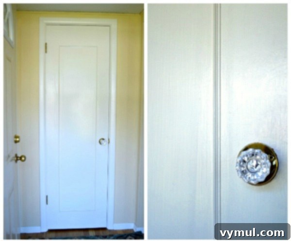 Ranch Revival A DIY Success Story 3 DIY Ranch House Remodel- Entry, showcasing a bright yellow wall and white trim with a new closet door knob.