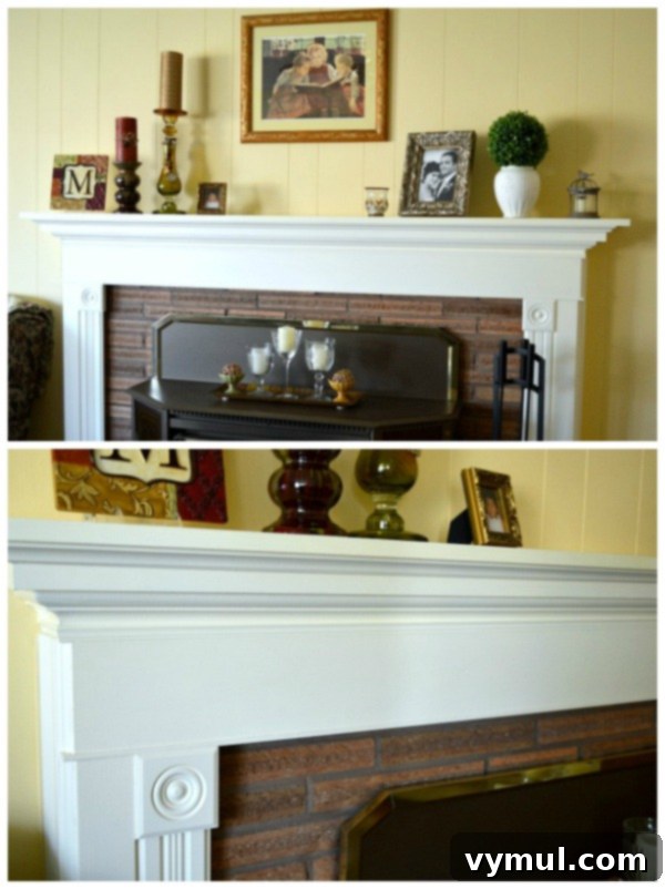 Ranch Revival A DIY Success Story 4 DIY Ranch House Remodel- Fireplace, featuring a newly painted mantel with added molding and warm yellow walls.