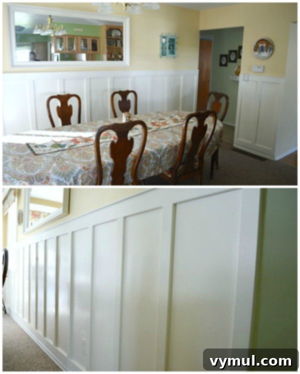 Ranch Revival A DIY Success Story 5 DIY Ranch House Remodel- Dining Room, featuring faux board-and-batten wainscoting and warm yellow walls.