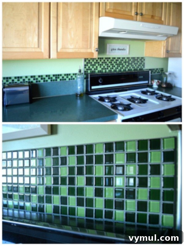 Ranch Revival A DIY Success Story 6 DIY Ranch House Remodel- Kitchen, showing green walls and a beautiful green glass tile backsplash.