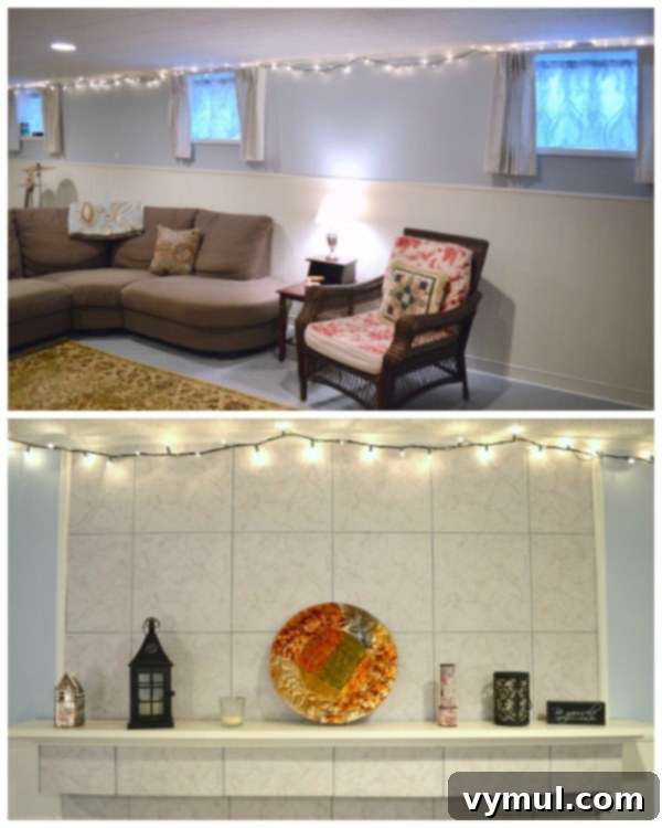 Ranch Revival A DIY Success Story 8 DIY Ranch House Remodel- Basement, featuring warm white lower walls and light blue upper walls, with accent string lights.
