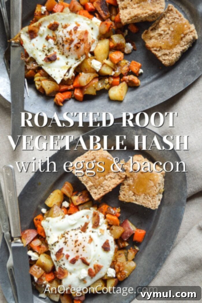 Sheet pan roasted root vegetable hash with fried eggs, bacon, and feta