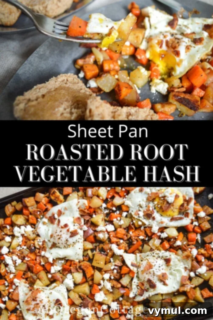 Large sheet pan filled with roasted root vegetable hash and fried eggs, ready to serve
