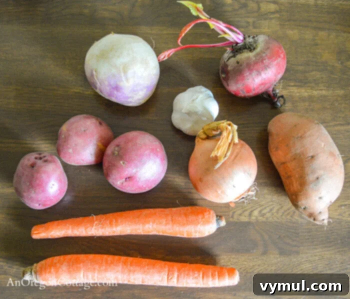 Selection of whole root vegetables including carrots, potatoes, sweet potato, beet, and onion for making hash