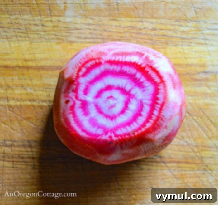 Close-up of a peeled Chioggia beet showing its distinctive pink and white rings