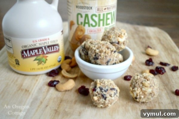 Cashew, Cranberry and White Chocolate Granola Bites are sweetened with pure maple syrup