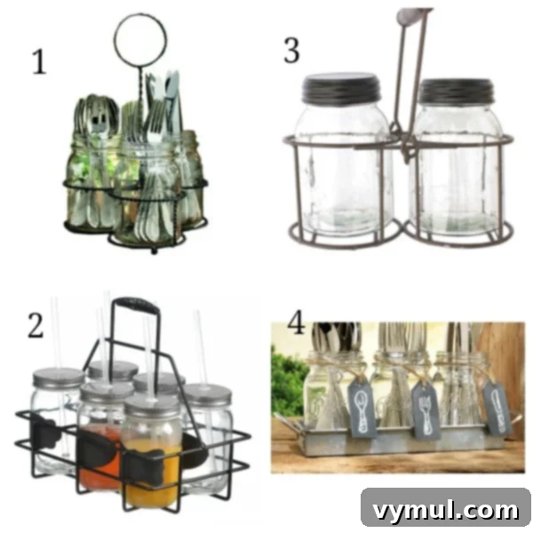 Effortless Live Plant Displays in Mason Jars 5 A selection of versatile mason jar holders from Amazon, including a flatware caddy, clear glass chalkboard jars, a basket holder, and a tray with chalkboard signs. These holders are perfect for live plant arrangements, cut flowers, or organizing utensils.