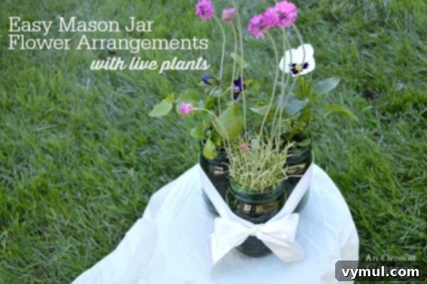 Effortless Live Plant Displays in Mason Jars 7 A delightful arrangement of easy mason jar flower arrangements with live plants, showcasing spring flowering armeria and pansies. This budget-friendly, simple, and beautiful centerpiece is perfect for enhancing any space with natural charm.