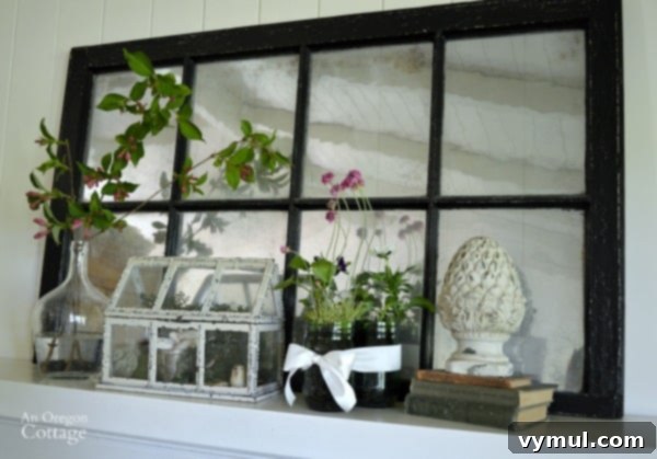 Spring's Radiant Mantelscape 2 Blooming Spring Mantel with planted mason jars, garden art, and flowering branches.