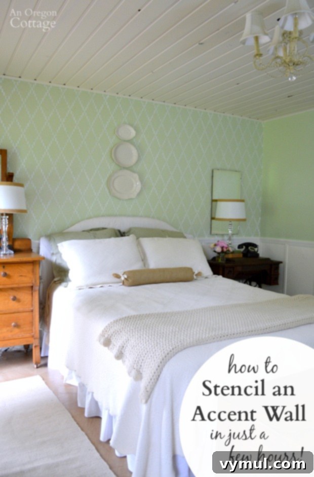 Stunning accent wall created with stenciling in just a few hours, showing a beautiful pattern