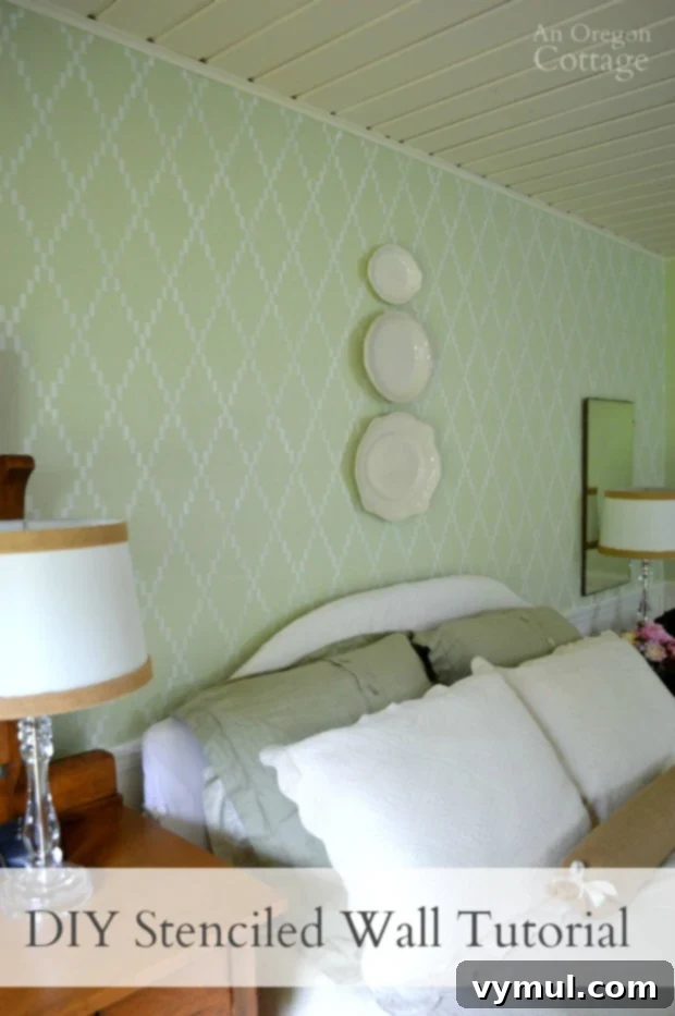 Completed DIY stenciled accent wall tutorial, showcasing an amazing focal point achieved in just a few hours