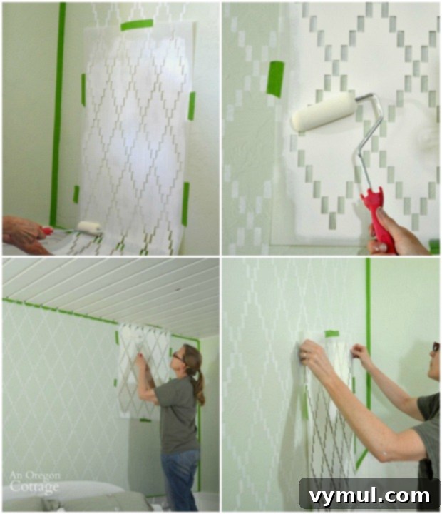 Securing the wall stencil with painter's tape to begin painting the trellis design