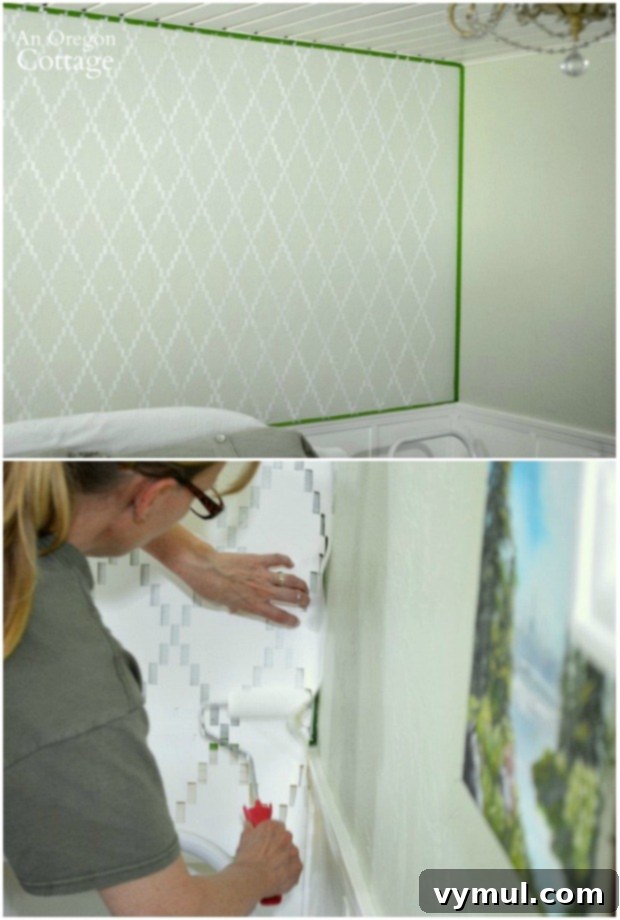 Detail view of stenciling process, showing how to complete corners and edges of the accent wall