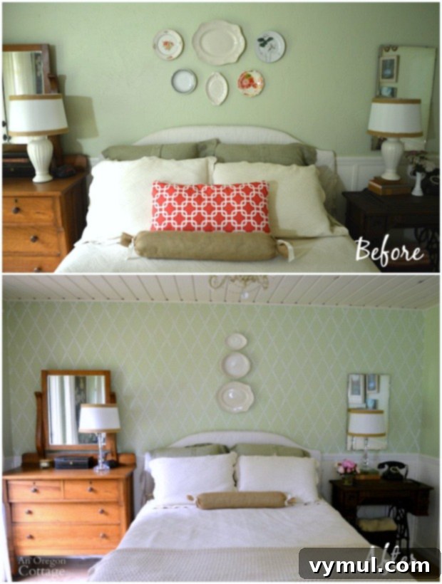 Before and after comparison of the bedroom accent wall, highlighting the stenciled transformation