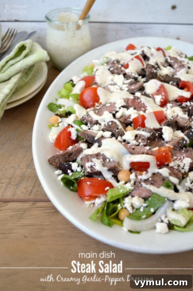 Gourmet Steak Salad with Zesty Garlic-Pepper Cream 2 Easy Main Dish Steak Salad with Creamy Garlic-Pepper Dressing makes a fantastic warm weather meal!