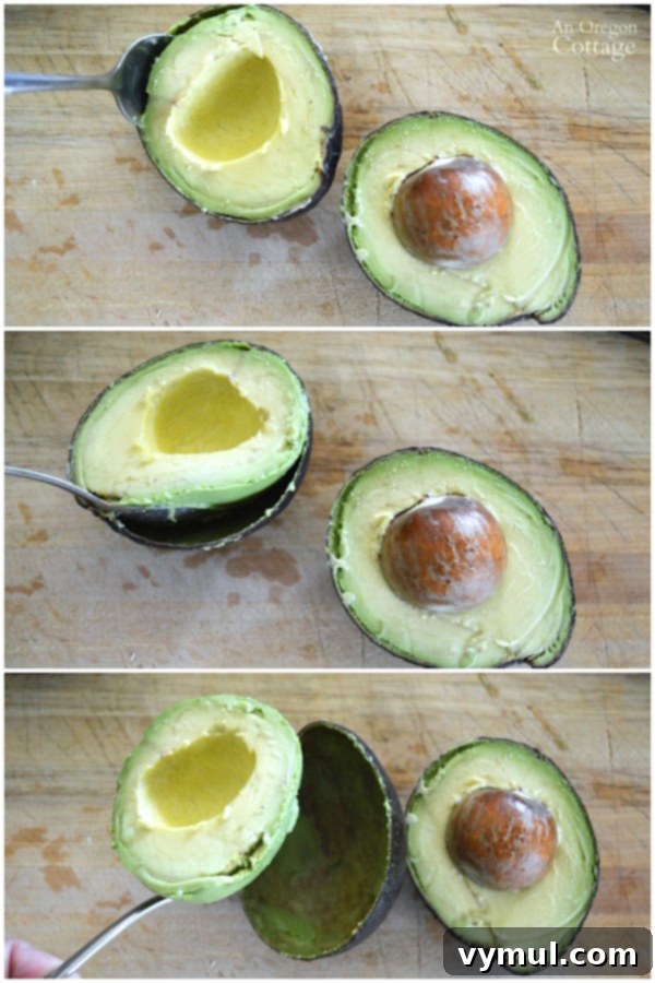 Unforgettable Chunky Guacamole 4 Skinning an avocado the easy way with a spoon