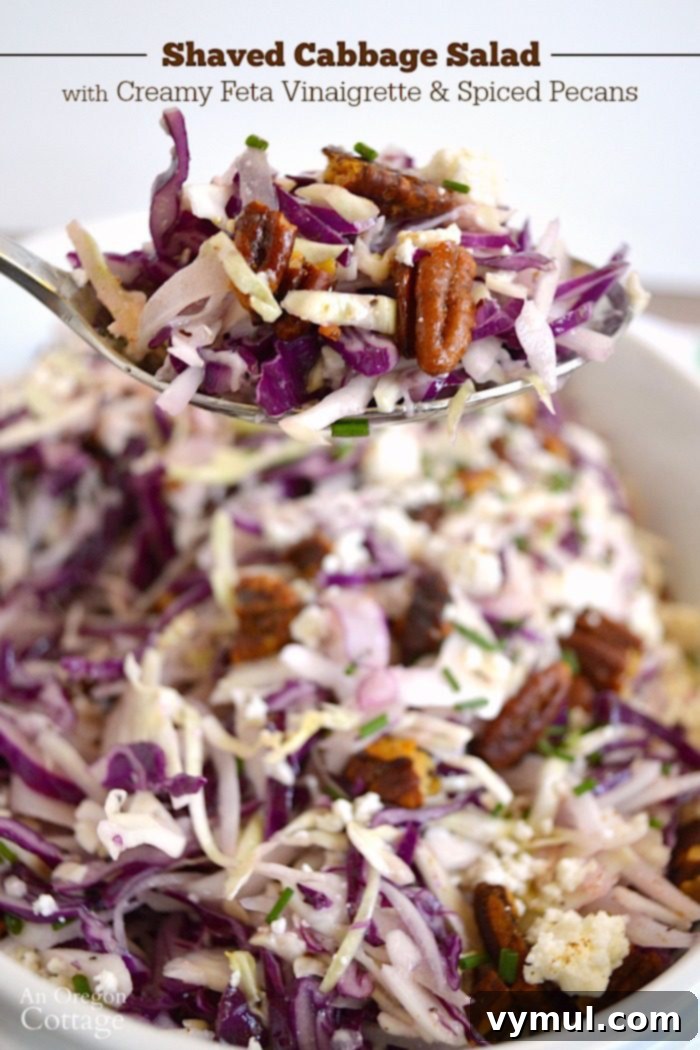 Shaved Cabbage Ribbons with Whipped Feta Vinaigrette 2 Shaved Cabbage Salad with Creamy Feta Vinaigrette and Spiced Pecans on spoon.