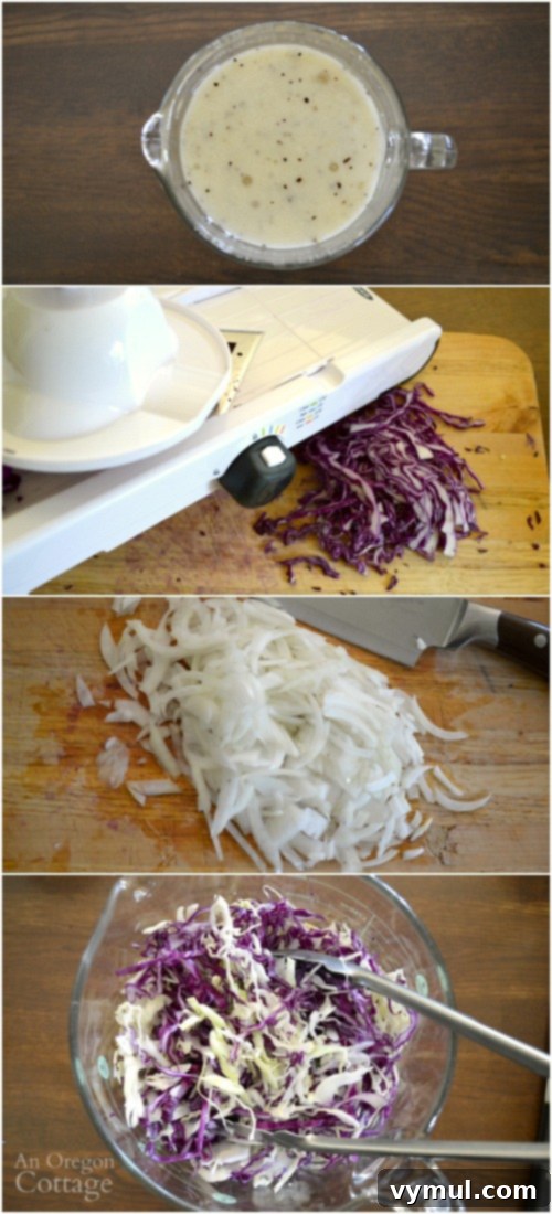 Shaved Cabbage Ribbons with Whipped Feta Vinaigrette 4 Dressing and slicing cabbage for Cabbage Salad with Creamy Feta Vinaigrette