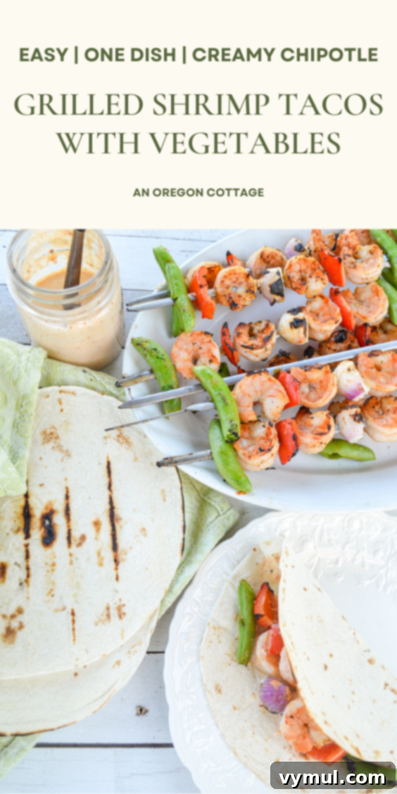 SEO-optimized Pinterest pin image featuring vibrant grilled shrimp tacos with fresh toppings and creamy chipotle sauce.