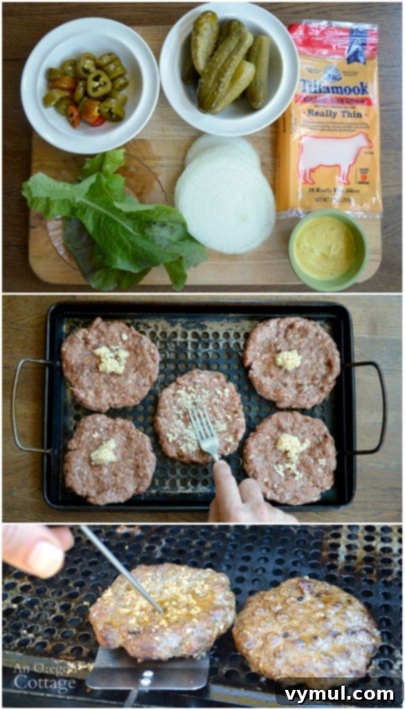 Smashed Garlic Jalapeno Burgers Brewpub Style 3 Close-up of a homemade brew-pub style smashed garlic burger with cheese and toppings