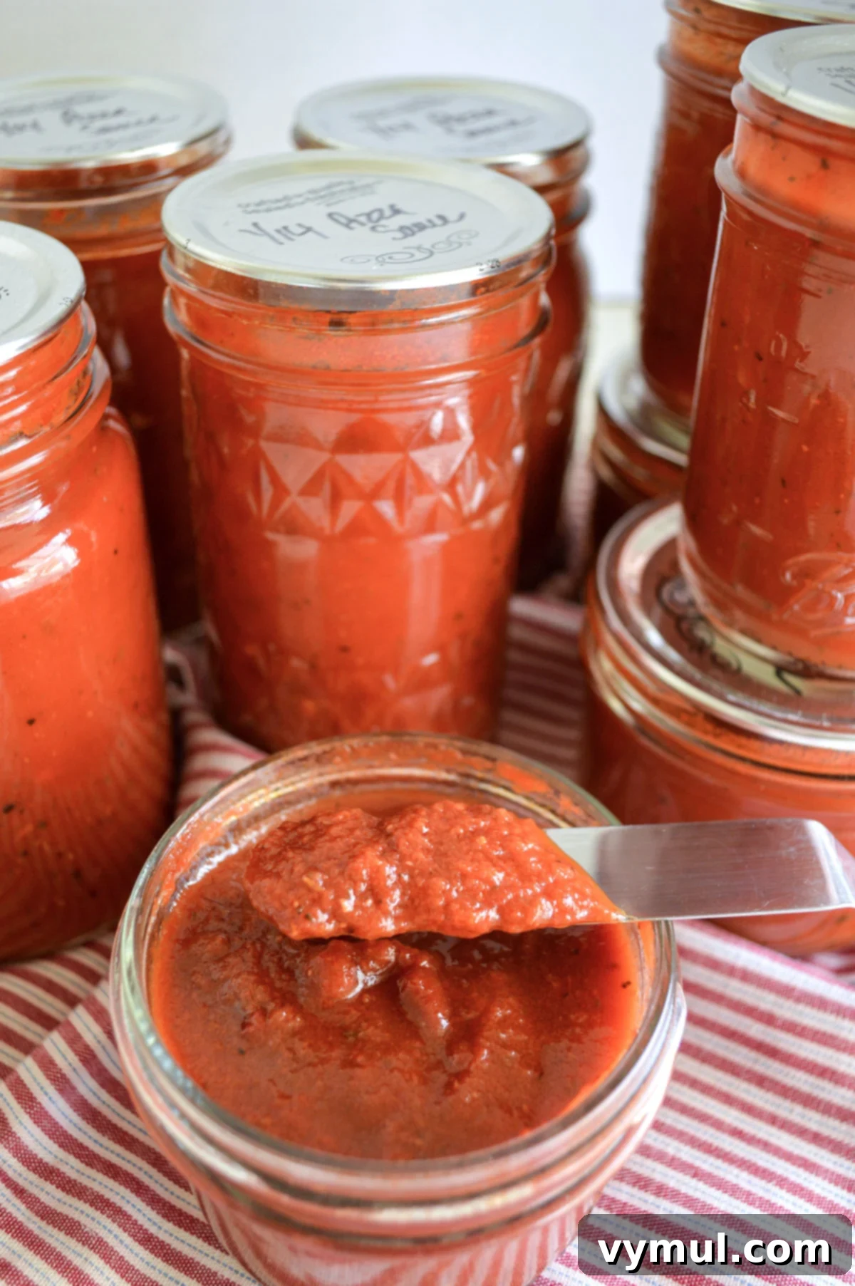 Garden-Fresh All Year: 36+ Ways to Preserve Vegetables by Freezing, Drying, Canning, and Fermenting 21 jars of canned pizza sauce; open jar with knife