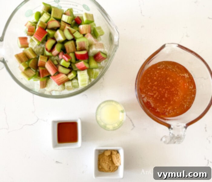 Handcrafted Honey Rhubarb Ginger Preserve 3 Five ingredients for honey rhubarb ginger jam: fresh rhubarb, golden honey, lemon, fresh ginger, vanilla extract