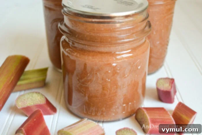 Handcrafted Honey Rhubarb Ginger Preserve 7 Close up shot of a sealed jar of homemade honey rhubarb ginger jam, showcasing its vibrant color and smooth texture