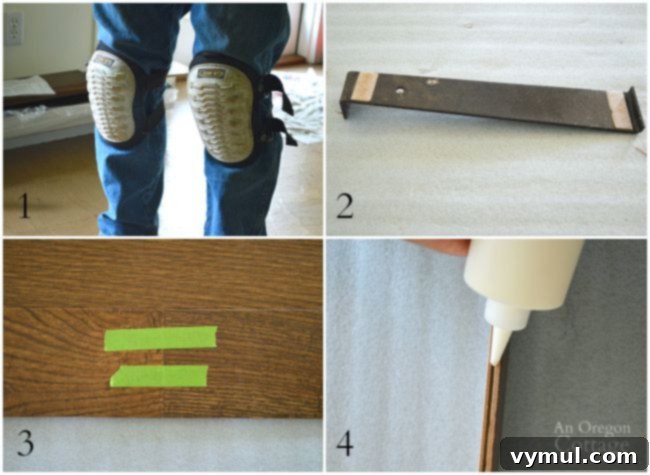 Tips 1-4 for laying a floating floor, showing tools and materials