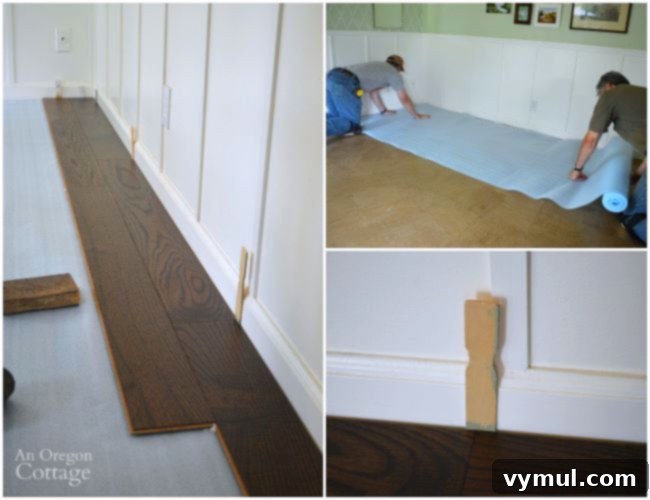 Tips for Laying a Floating Floor-laying first boards with paint sticks