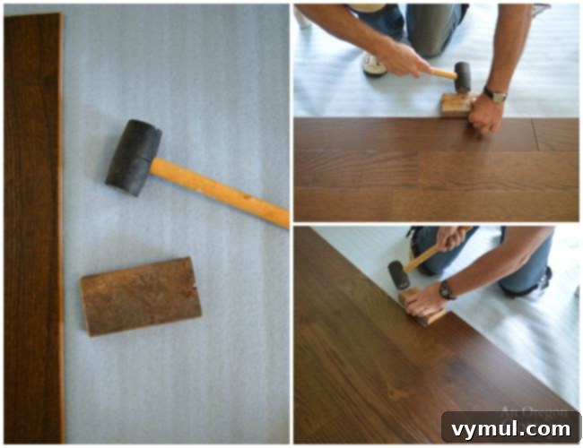 Tips for Laying a Floating Floor-using a rubber mallet and wood block to tighten seams