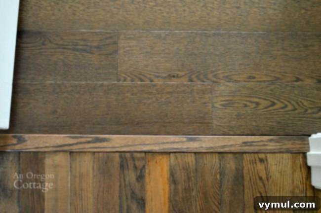 DIY Floating Floor Makeover 5 Floating Engineered Hardwood flooring next to reclaimed oak flooring