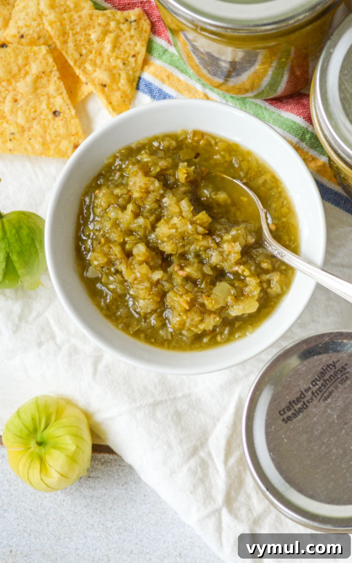 Simple Roasted Salsa Verde: Tomatillo & Green Tomato (Batch & Preserve) 8 salsa verde in white bowl from above with chips