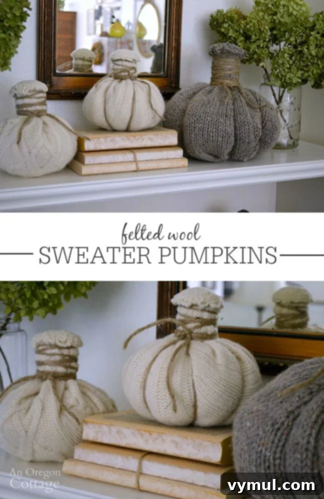 Transform Thrifted Sweaters into Felt Wool Pumpkins 2 Cozy felted wool sweater pumpkins displayed on a rustic shelf for fall decor