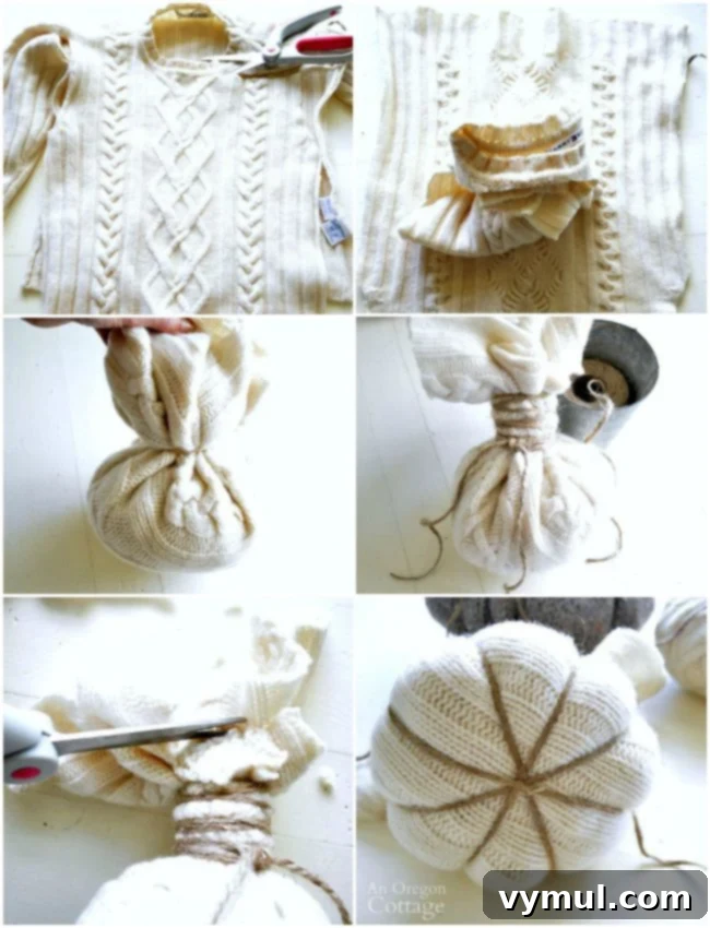 Transform Thrifted Sweaters into Felt Wool Pumpkins 4 Step-by-step image of cutting and preparing felted wool sweater fabric for pumpkin crafting
