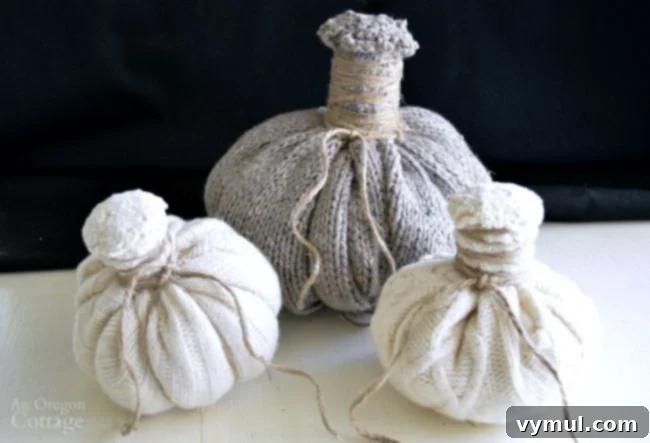 Transform Thrifted Sweaters into Felt Wool Pumpkins 5 Finished DIY sweater pumpkins showcasing optional twine sectioning