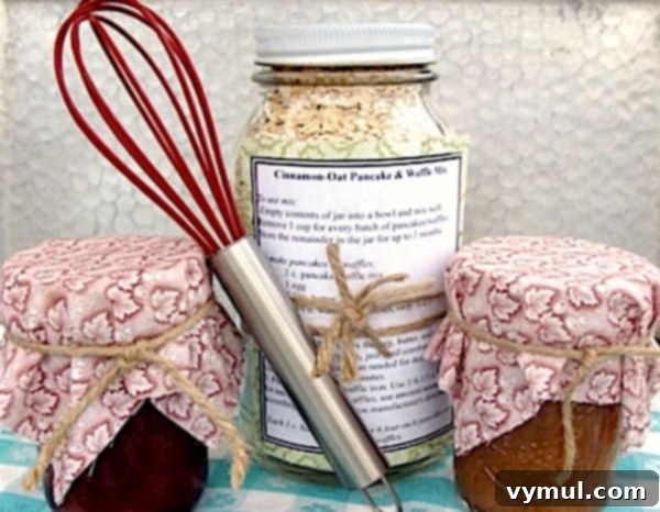 Cinnamon-Oat Pancake and Waffle Mix gift-in-a-jar with homemade syrup, a delicious breakfast gift.