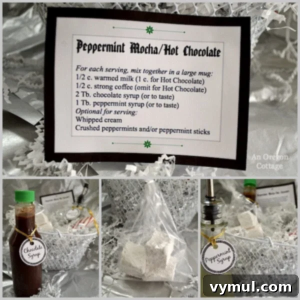 Peppermint Mocha Hot Chocolate Gift Basket with homemade recipes and printables.