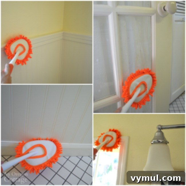 Sustainable Sparkle: Green Cleaning for Your Bathroom 7 Cleaning bathroom surfaces with a microfiber duster