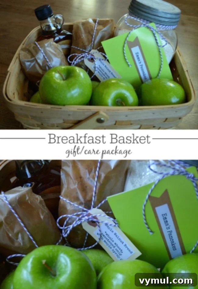 A beautifully arranged real food breakfast gift basket, perfect as a thoughtful care package for a college student or a holiday gift, featuring homemade quick bread and fresh fruit.