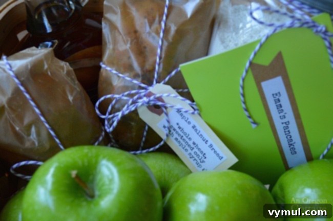 Homemade pancake mix in a canning jar with baking instructions tied on with baker's twine, ready for a breakfast gift basket.