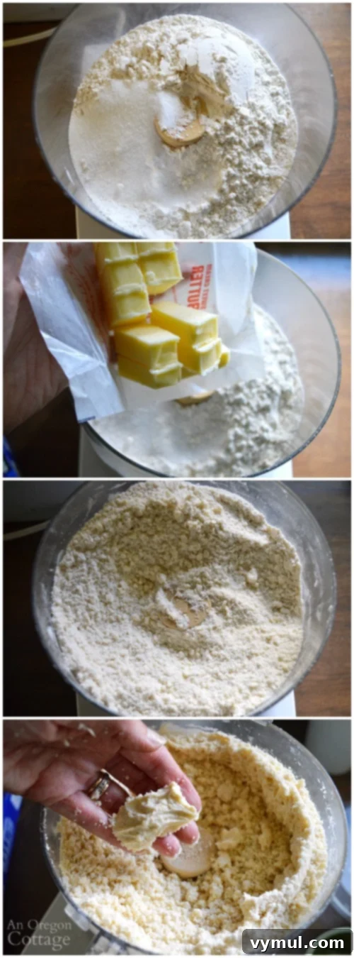 Visual guide for steps 1-4 of making the best homemade pie crust, showing dry ingredients, cubed butter, coarse crumbs, and crumbly dough after adding water.