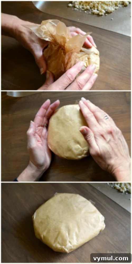 Illustrated steps 6-8 of pie crust tutorial: shaping dough discs with wax paper, chilling, and beginning to roll out.