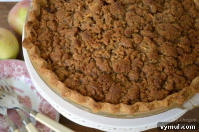 Crumb-Topped Apple Pie baked with the best homemade pie crust, showcasing its minimal shrinkage and golden, flaky texture.