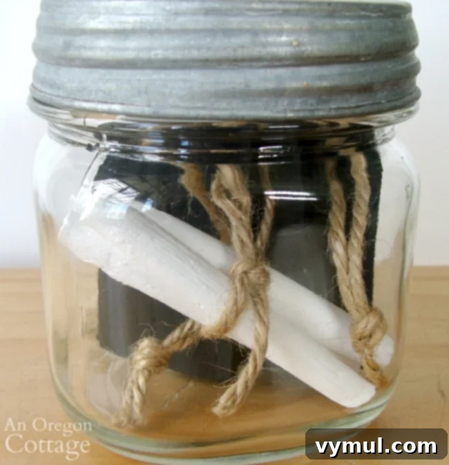 DIY Wood Tags: Three Projects for Gifting, Decorating, and Organizing 11 Wood chalkboard tags stored in a mason jar, illustrating gift and organization ideas.